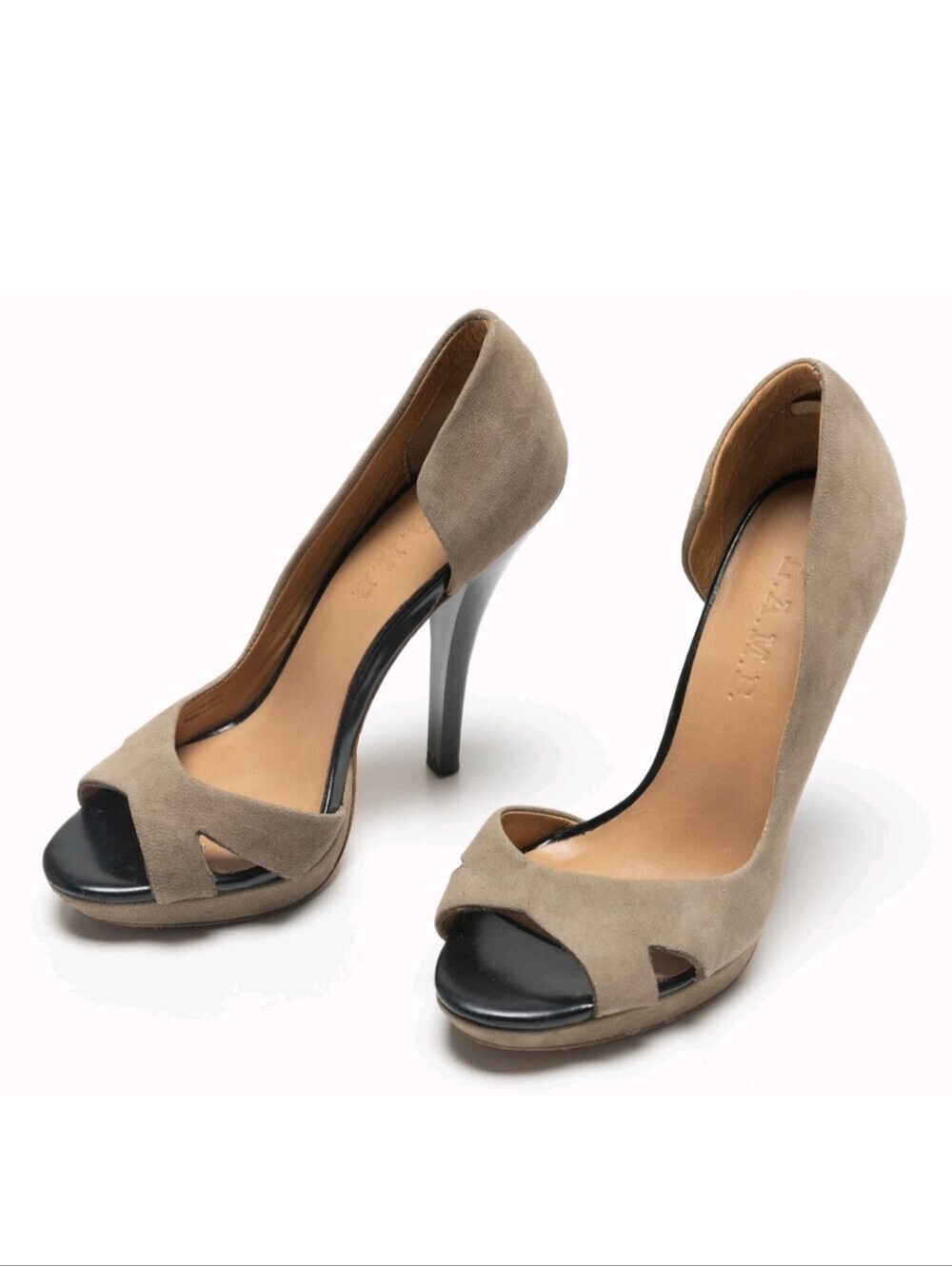 L.A.M.B. by Gwen Stefani stiletto platform peep toe pumps taupe black Sz 8.5